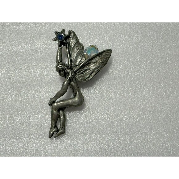 Vintage Pewter Mythical Fairy Pendant Holding Star w Blue Crystal AB Wings - Picture 1 of 5